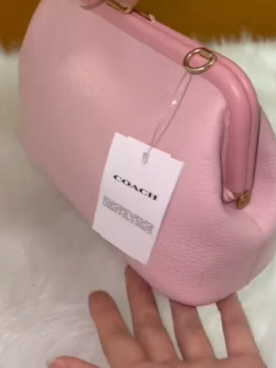 バッグ Coach Signature Kiss Lock Tote Bag Pink Coach Pink Leather Kiss-Lock Frame Tote